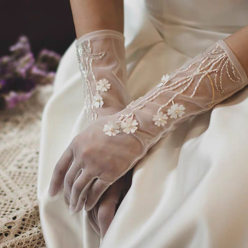 Sheer Bridal Gloves with Floral Appliqués and Beaded Detail - Romantic Wedding Accessory