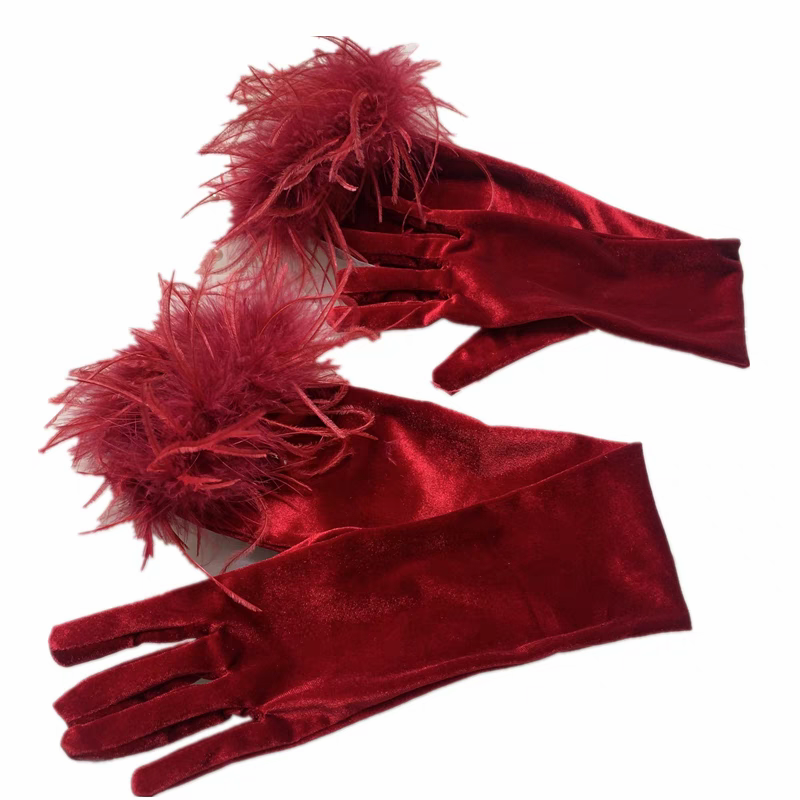 Red Velvet Gloves with Feather Cuff - Bold Evening Accessory