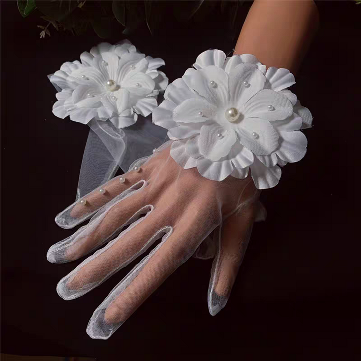 Sheer Bridal Gloves with Oversized Floral Appliqué and Pearl Detail - Romantic Wedding Accessory