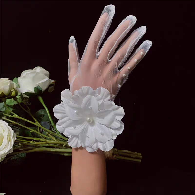 Sheer Bridal Gloves with Oversized Floral Appliqué and Pearl Detail - Romantic Wedding Accessory