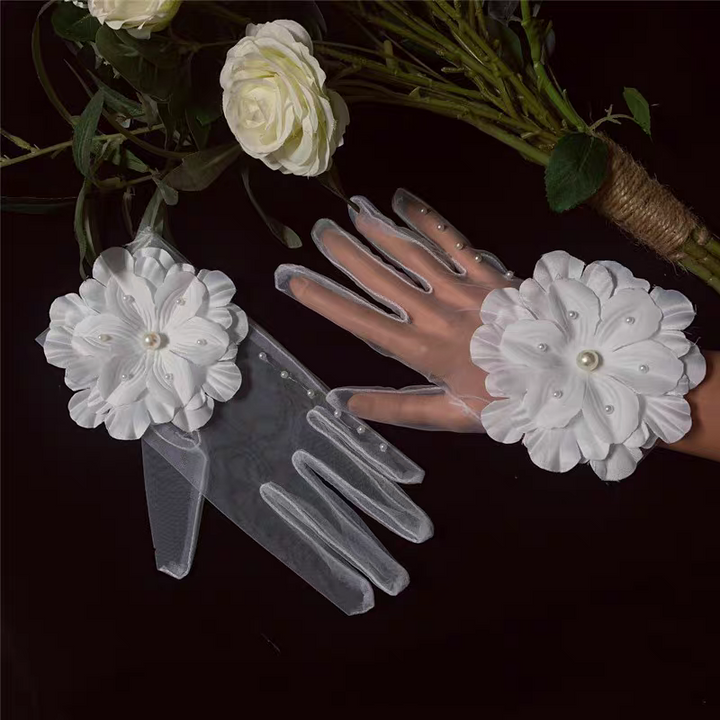 Sheer Bridal Gloves with Oversized Floral Appliqué and Pearl Detail - Romantic Wedding Accessory