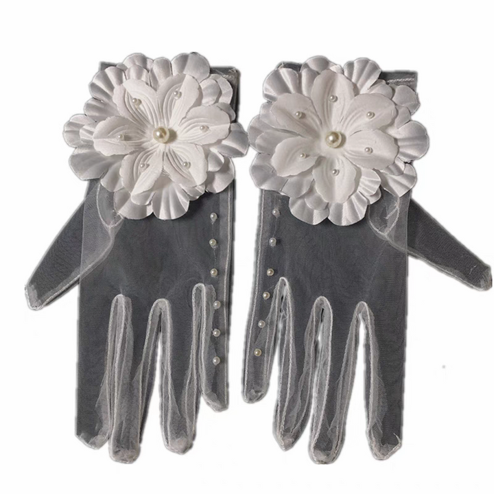 Sheer Bridal Gloves with Oversized Floral Appliqué and Pearl Detail - Romantic Wedding Accessory