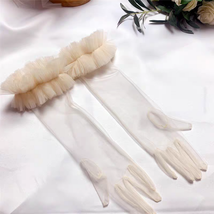 Sheer Bridal Gloves with Soft Tulle Ruffle Cuffs - Elegant Wedding Accessory