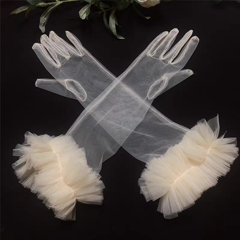 Sheer Bridal Gloves with Soft Tulle Ruffle Cuffs - Elegant Wedding Accessory