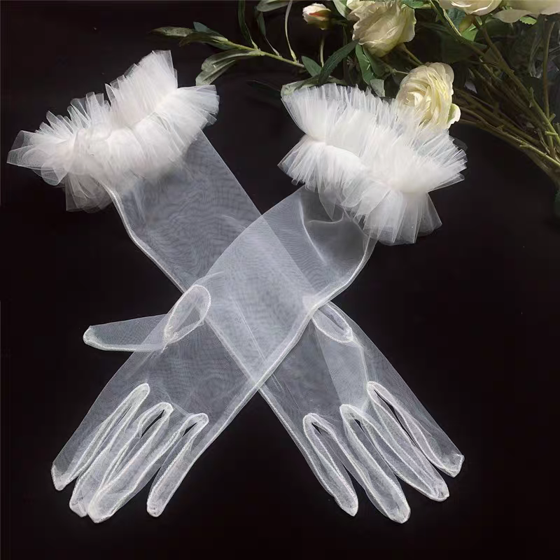 Sheer Bridal Gloves with Soft Tulle Ruffle Cuffs - Elegant Wedding Accessory