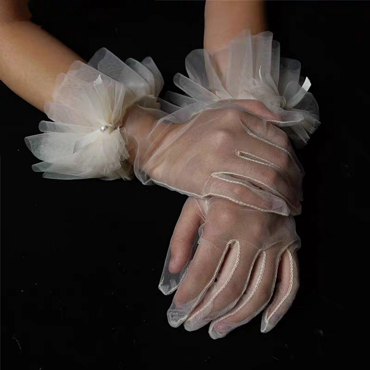 Sheer Bridal Gloves with Layered Tulle Cuffs and Pearl Accent - Romantic Wedding Accessory