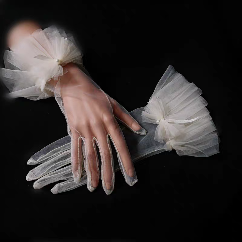 Sheer Bridal Gloves with Layered Tulle Cuffs and Pearl Accent - Romantic Wedding Accessory