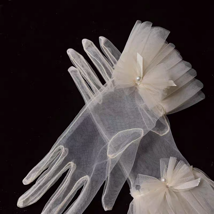 Sheer Bridal Gloves with Layered Tulle Cuffs and Pearl Accent - Romantic Wedding Accessory