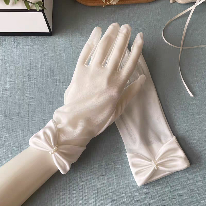 Elegant Sheer Bridal Gloves with Satin Bow and Pearl Detail - Classic Wedding Accessory