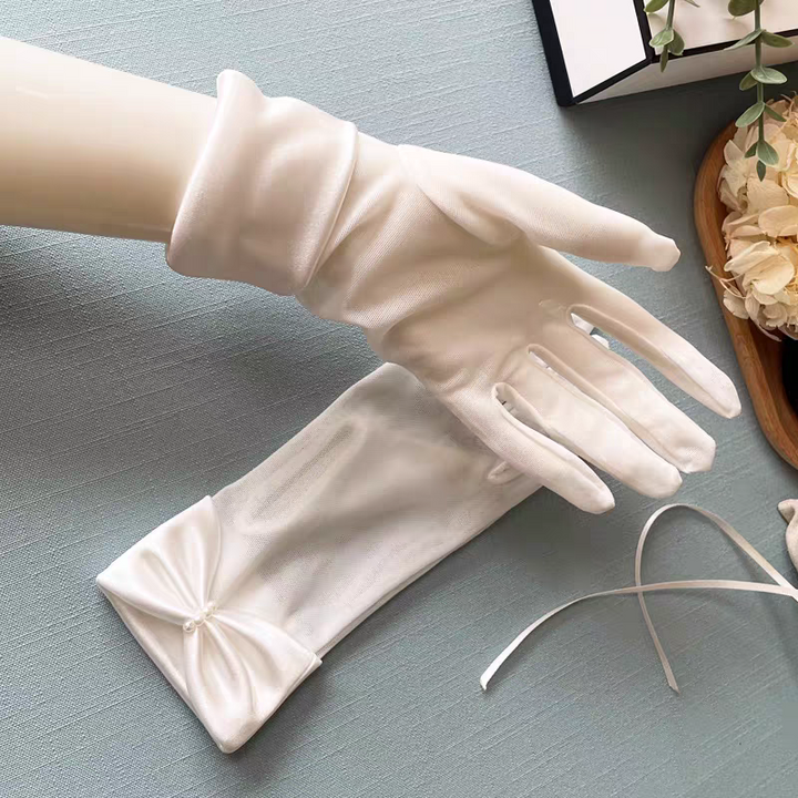 Elegant Sheer Bridal Gloves with Satin Bow and Pearl Detail - Classic Wedding Accessory