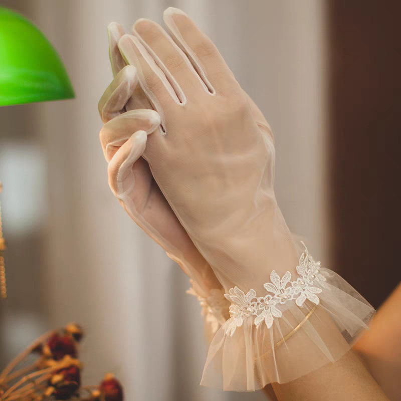 Sheer Bridal Gloves with Tulle Ruffle Cuffs and Floral Appliqué - Delicate Wedding Accessory