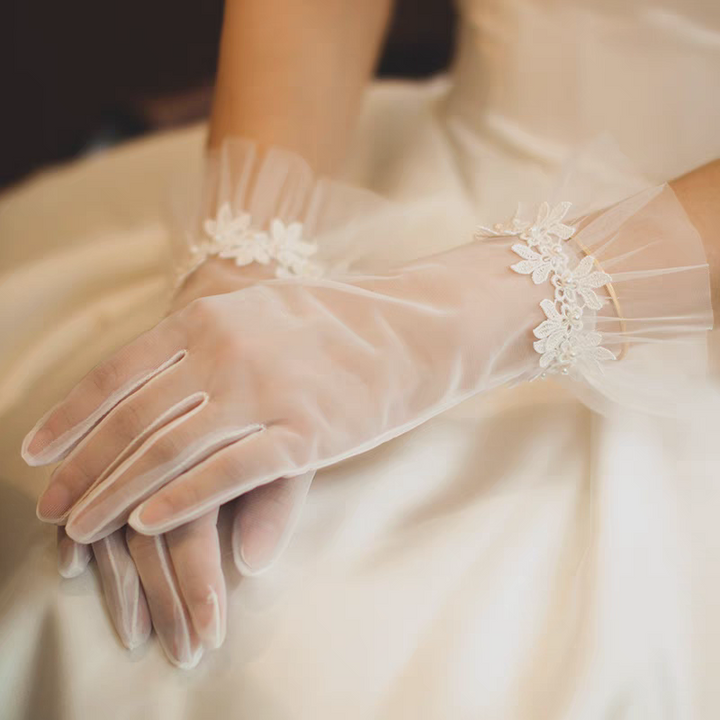 Sheer Bridal Gloves with Tulle Ruffle Cuffs and Floral Appliqué - Delicate Wedding Accessory