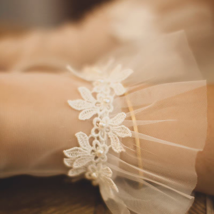 Sheer Bridal Gloves with Tulle Ruffle Cuffs and Floral Appliqué - Delicate Wedding Accessory