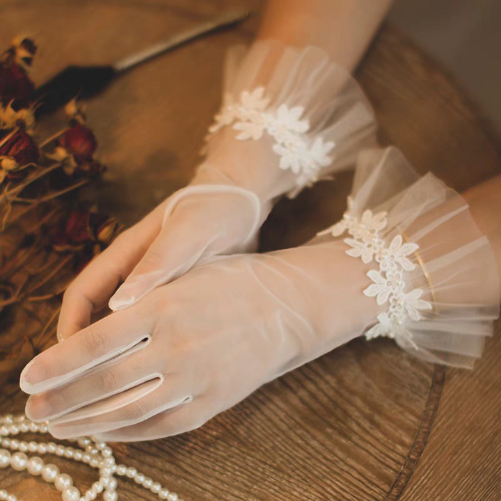 Sheer Bridal Gloves with Tulle Ruffle Cuffs and Floral Appliqué - Delicate Wedding Accessory