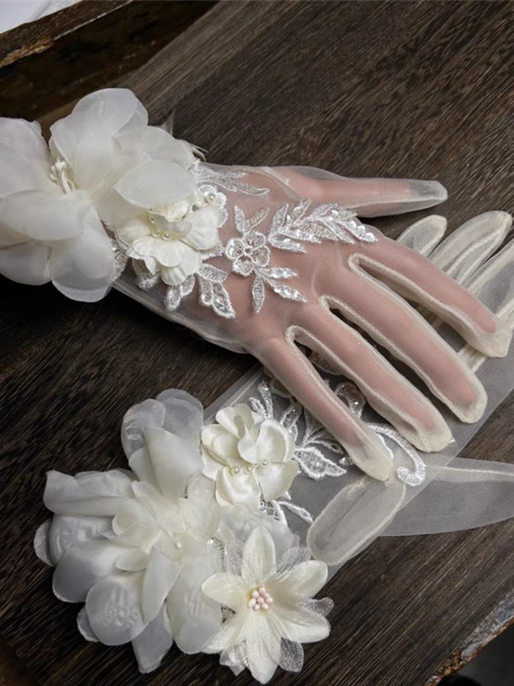 Elegant Sheer Bridal Gloves with 3D Floral Appliqué and Pearl Accents