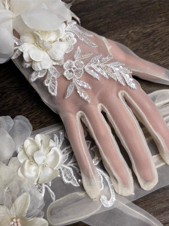 Elegant Sheer Bridal Gloves with 3D Floral Appliqué and Pearl Accents