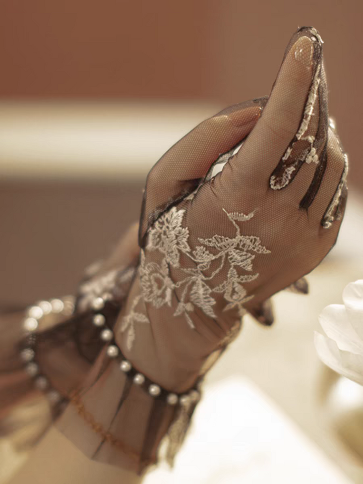 Sheer Black Lace Gloves with Floral Embroidery and Pearl Accents