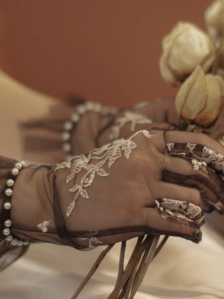 Sheer Black Lace Gloves with Floral Embroidery and Pearl Accents