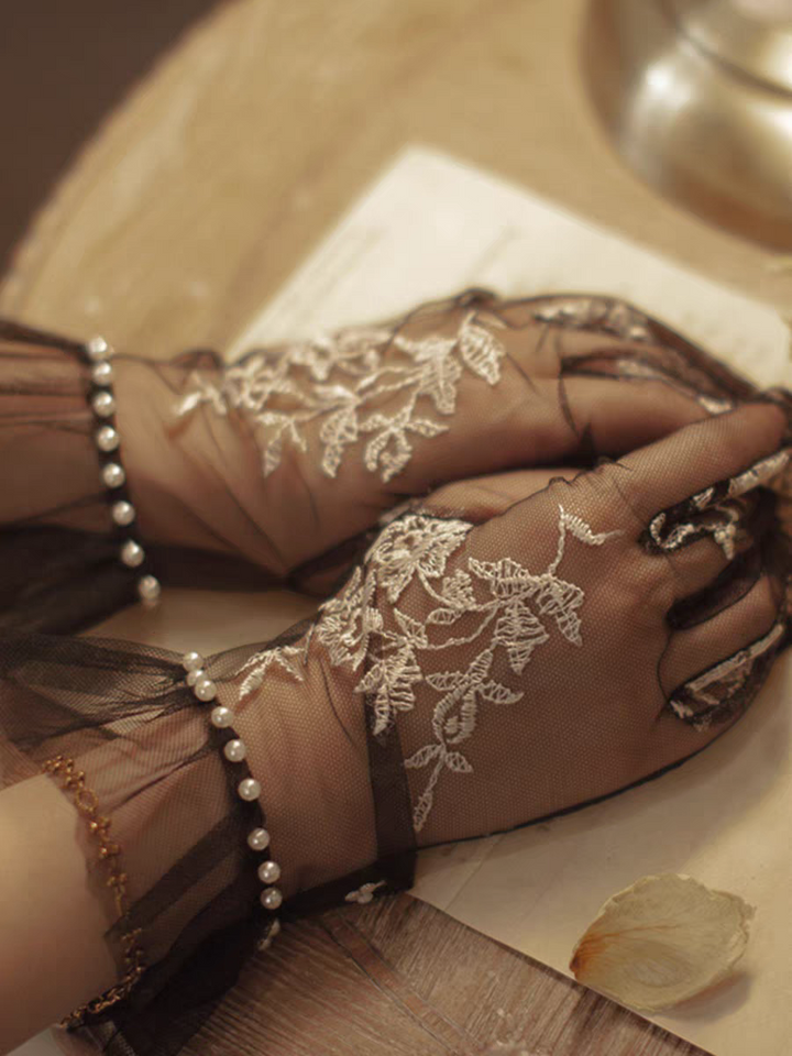 Sheer Black Lace Gloves with Floral Embroidery and Pearl Accents