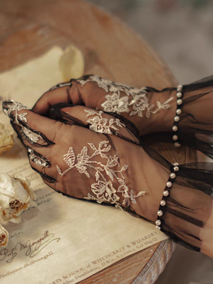 Sheer Black Lace Gloves with Floral Embroidery and Pearl Accents