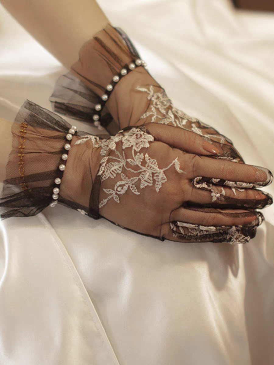 Sheer Black Lace Gloves with Floral Embroidery and Pearl Accents