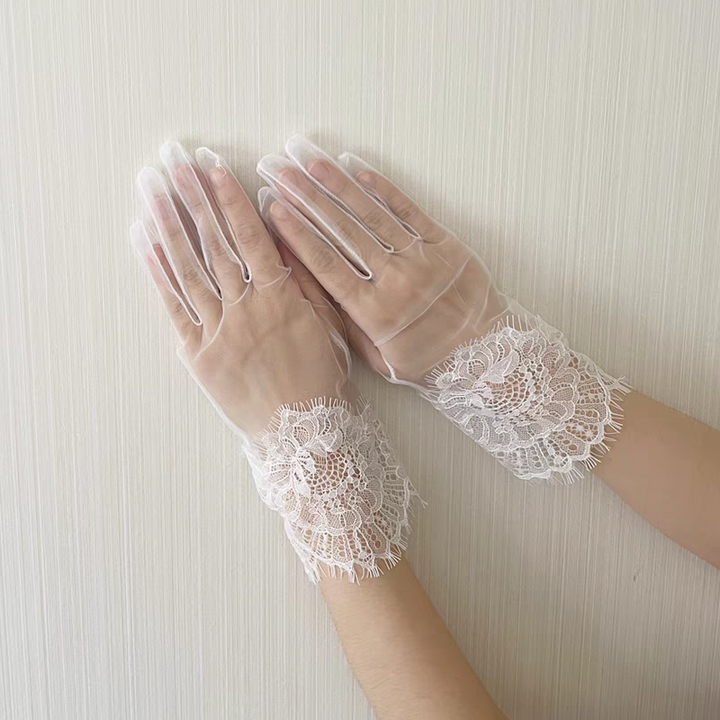 Sheer White Gloves with Intricate Lace Cuffs