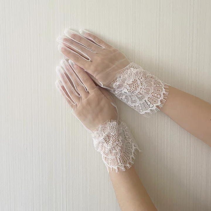 Sheer White Gloves with Intricate Lace Cuffs