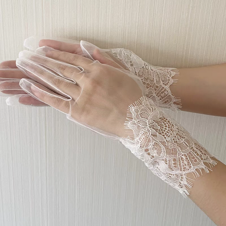 Sheer White Gloves with Intricate Lace Cuffs