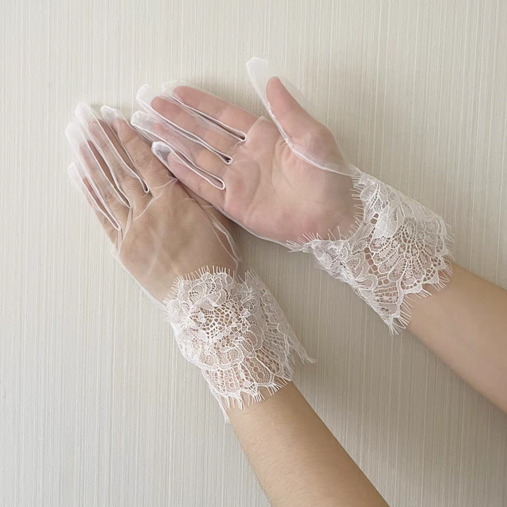 Sheer White Gloves with Intricate Lace Cuffs