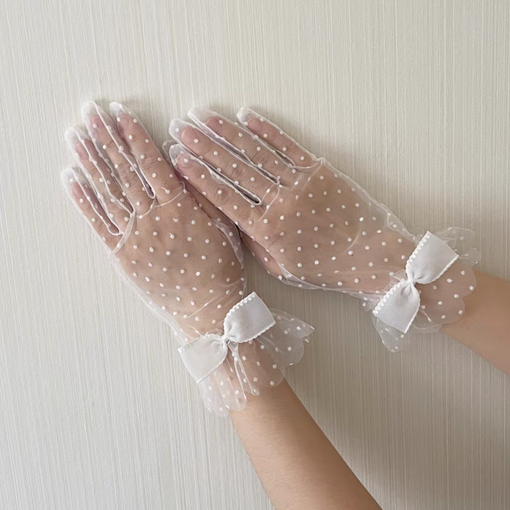 Polka Dot Sheer White Gloves with Bow Detail