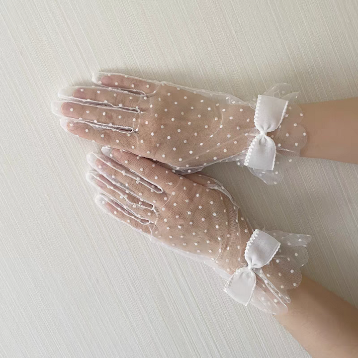 Polka Dot Sheer White Gloves with Bow Detail