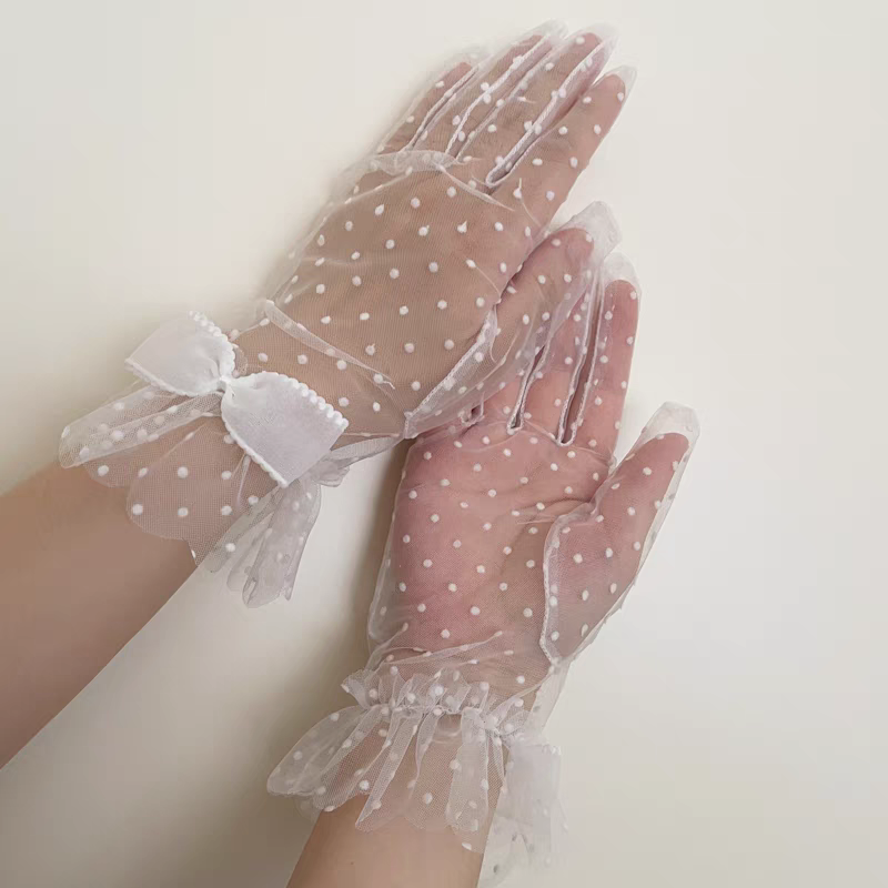 Polka Dot Sheer White Gloves with Bow Detail