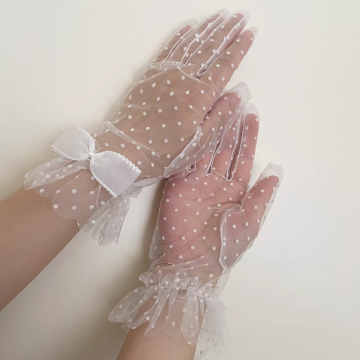 Polka Dot Sheer White Gloves with Bow Detail