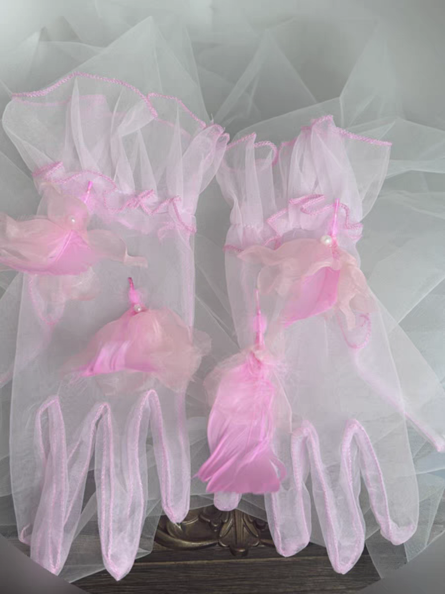 Sheer Pink Feather Accent Gloves with Pearl Detail