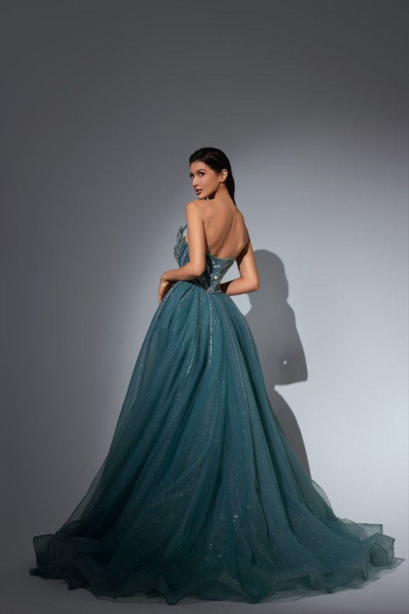 Teal Blue Sequin Ball Gown with Strapless Corset Design – Embellished Evening Dress Plus Size - WonderlandByLilian