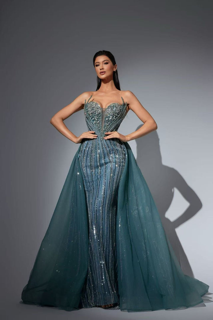 Teal Blue Sequin Ball Gown with Strapless Corset Design – Embellished Evening Dress Plus Size - WonderlandByLilian