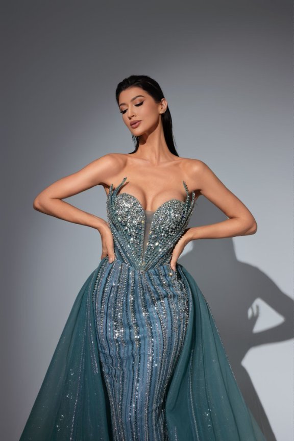 Teal Blue Sequin Ball Gown with Strapless Corset Design – Embellished Evening Dress Plus Size - WonderlandByLilian