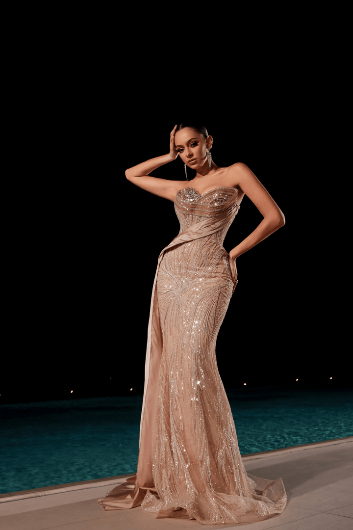 Teal Blue Sequin Evening Dress - Pretty Sequin Dress with High Slit and Beaded Detailing – Designer Sequin Gown with Satin Train Plus Size - WonderlandByLilian