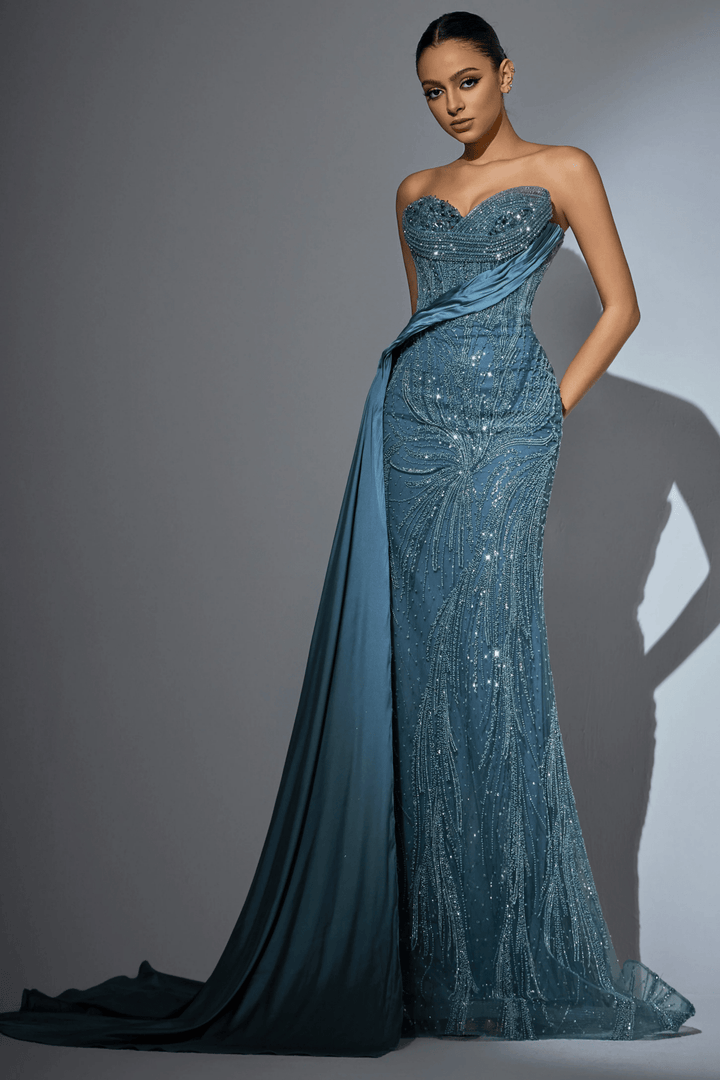 Teal Blue Sequin Evening Dress - Pretty Sequin Dress with High Slit and Beaded Detailing – Designer Sequin Gown with Satin Train Plus Size - WonderlandByLilian