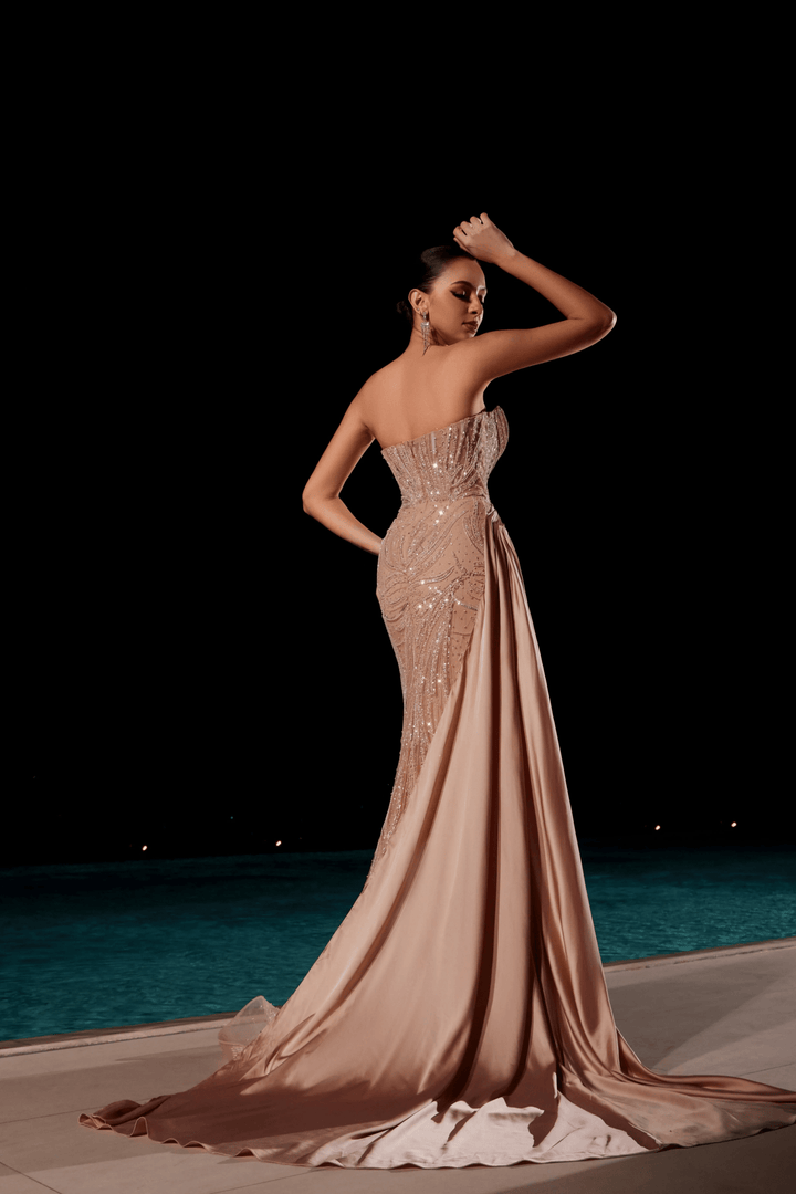 Teal Blue Sequin Evening Dress - Pretty Sequin Dress with High Slit and Beaded Detailing – Designer Sequin Gown with Satin Train Plus Size - WonderlandByLilian