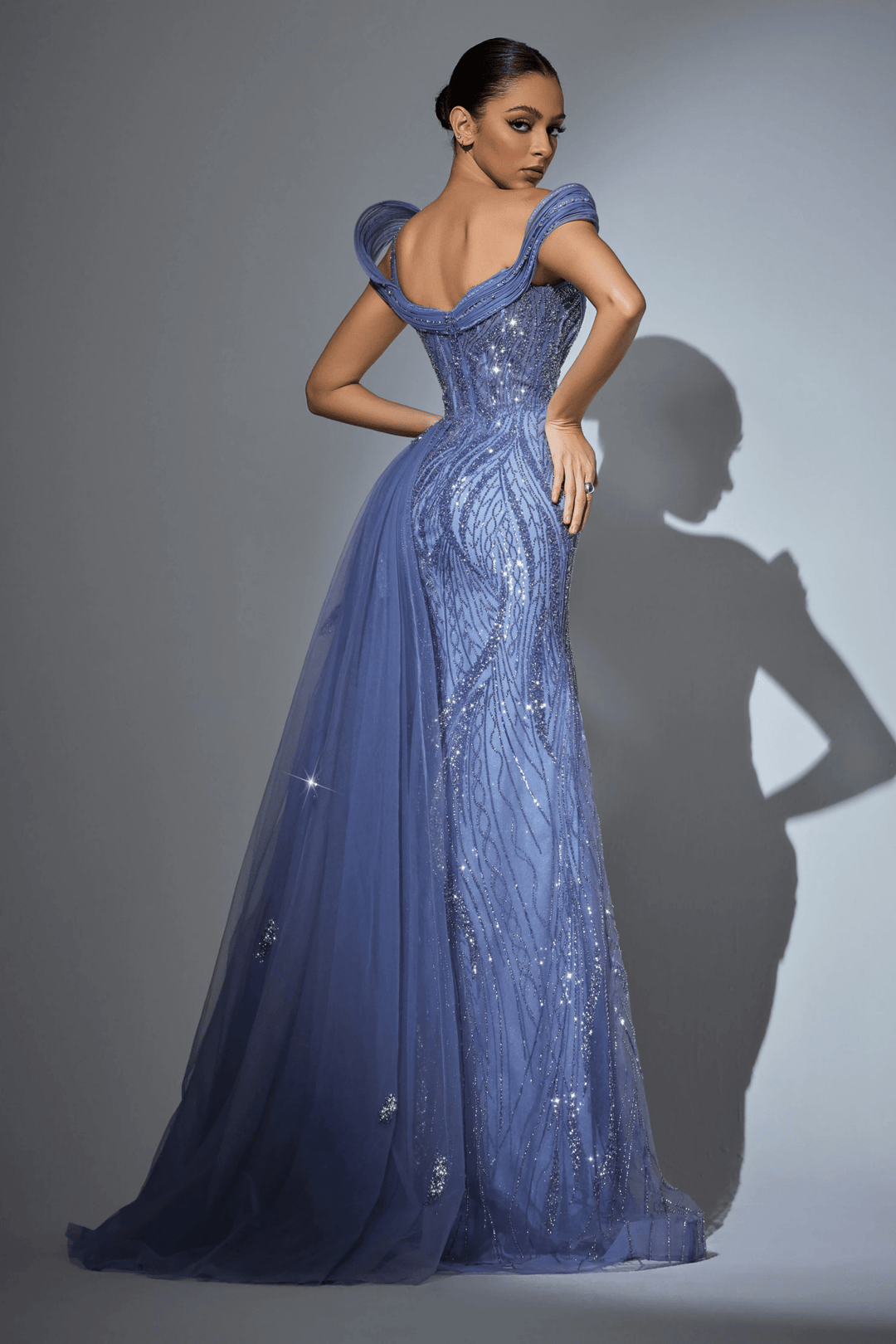 Teal Blue Sequin Evening Gown with Beaded Corset – Off - Shoulder Sparkly Maxi Dress with Sheer Train and High Slit Plus Size - WonderlandByLilian
