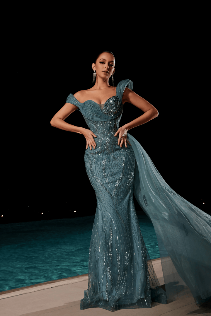Teal Blue Sequin Evening Gown with Beaded Corset – Off - Shoulder Sparkly Maxi Dress with Sheer Train and High Slit Plus Size - WonderlandByLilian
