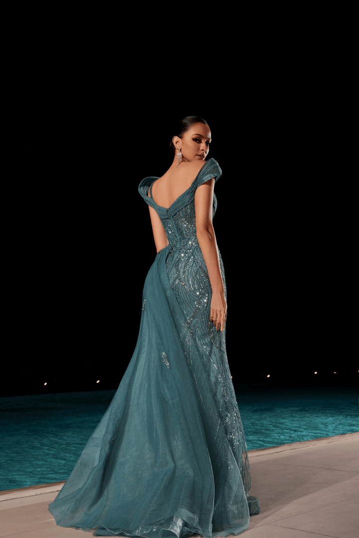 Teal Blue Sequin Evening Gown with Beaded Corset – Off - Shoulder Sparkly Maxi Dress with Sheer Train and High Slit Plus Size - WonderlandByLilian