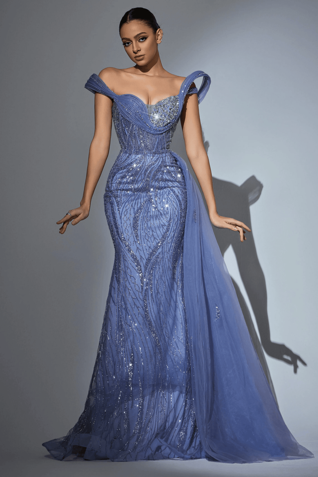 Teal Blue Sequin Evening Gown with Beaded Corset – Off - Shoulder Sparkly Maxi Dress with Sheer Train and High Slit Plus Size - WonderlandByLilian