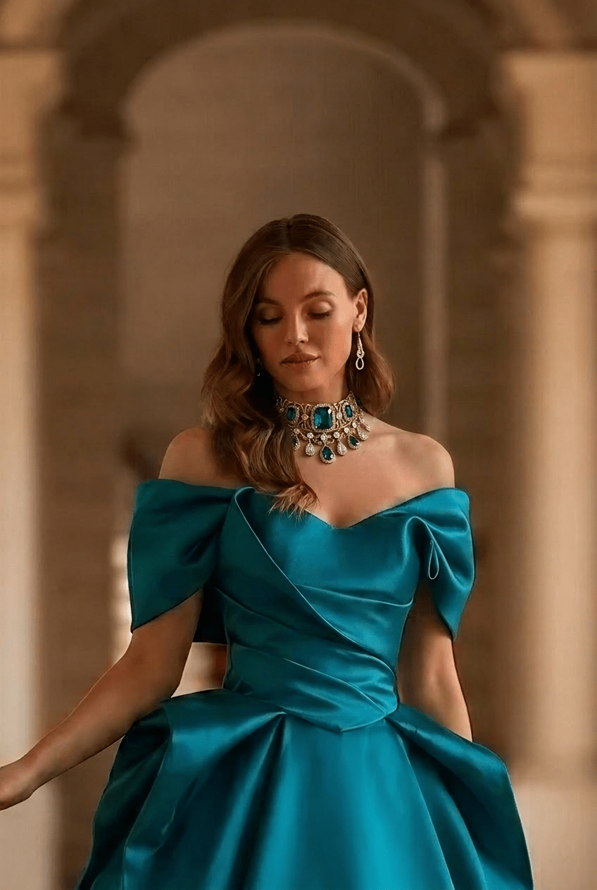 Teal Satin Ball Gown with Off Shoulder Draped Bodice Elegant Princess Evening Dress Regal Minimalist Couture Formal Gown Plus Size