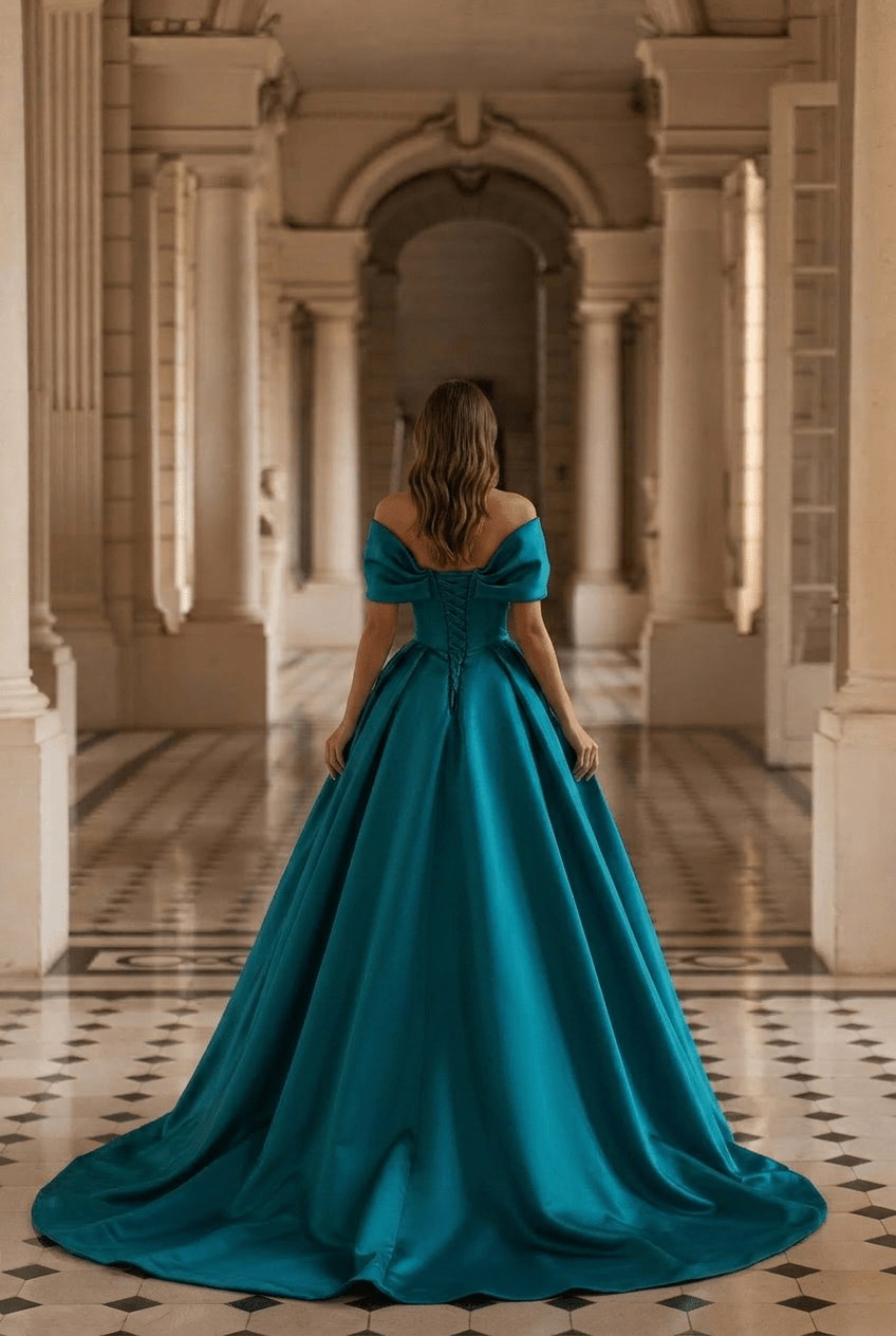 Teal Satin Ball Gown with Off Shoulder Draped Bodice Elegant Princess Evening Dress Regal Minimalist Couture Formal Gown Plus Size - WonderlandByLilian