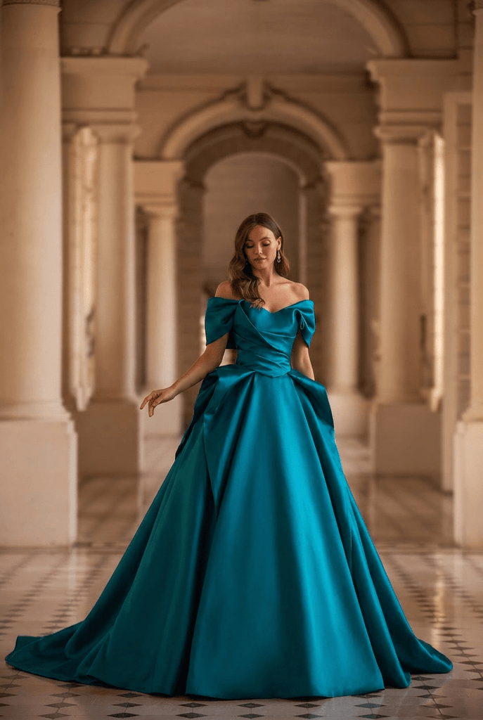 Teal Satin Ball Gown with Off Shoulder Draped Bodice Elegant Princess Evening Dress Regal Minimalist Couture Formal Gown Plus Size