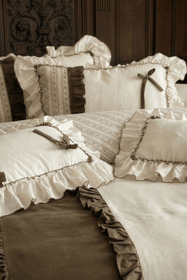The 'Chocolate Manor' Striped Cotton - Linen Bedding Set - WonderlandByLilian