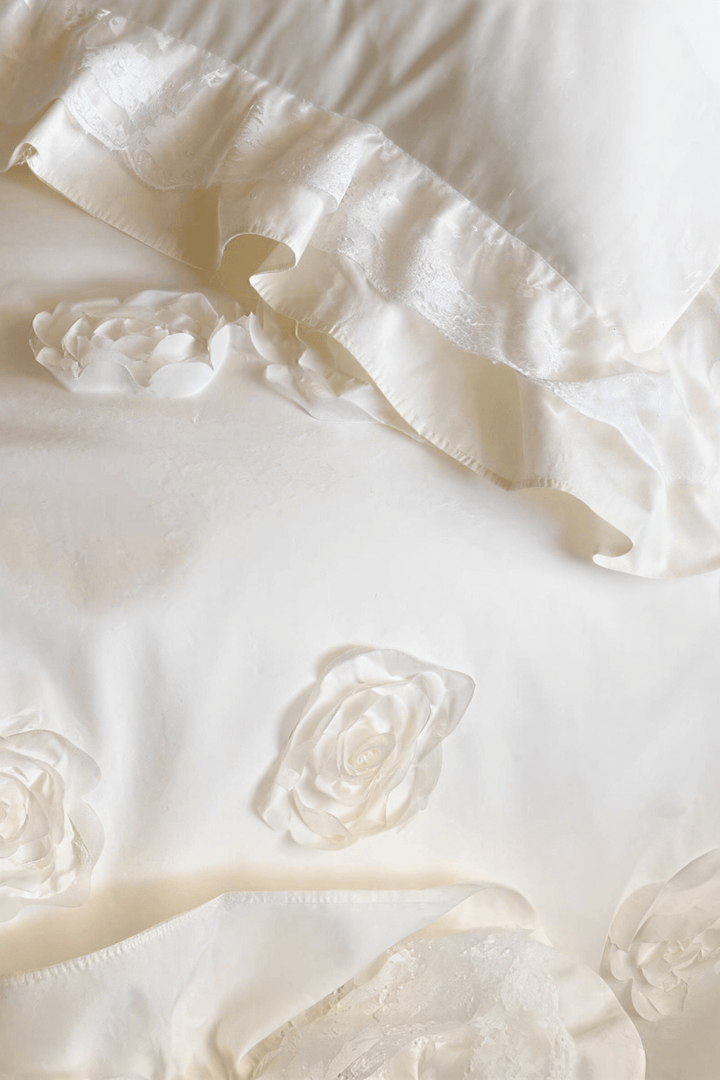The 'Manor Lace' Ivory & Floral Embroidered Bedding Set - WonderlandByLilian