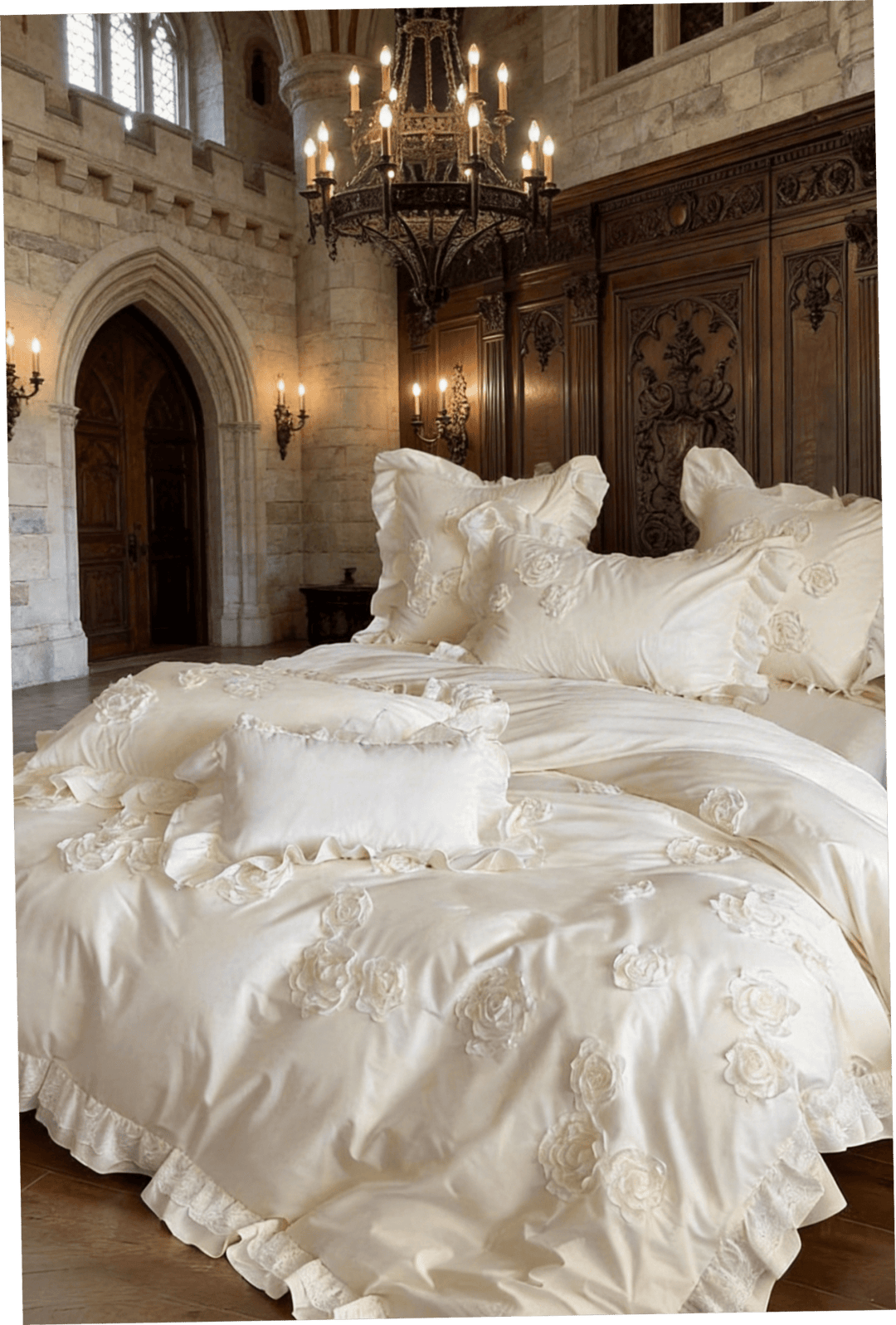 The 'Manor Lace' Ivory & Floral Embroidered Bedding Set - WonderlandByLilian